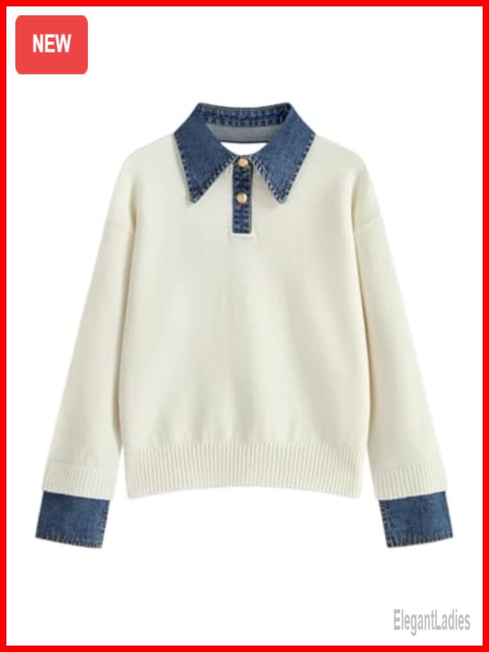 Oversized Polo Sweater Button Up Denim Collar Knit Pullover Long Sleeve